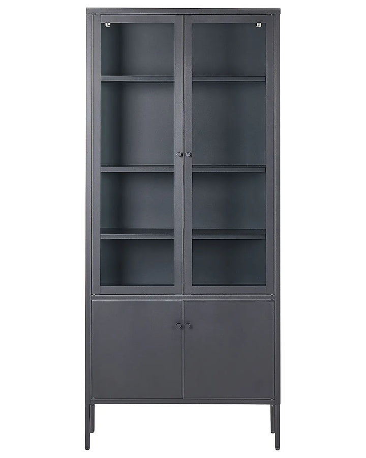 A tall, dark gray wooden bookcase with two glass-paneled upper doors, four interior shelves, and two lower cabinet doors, shown against a plain white background.