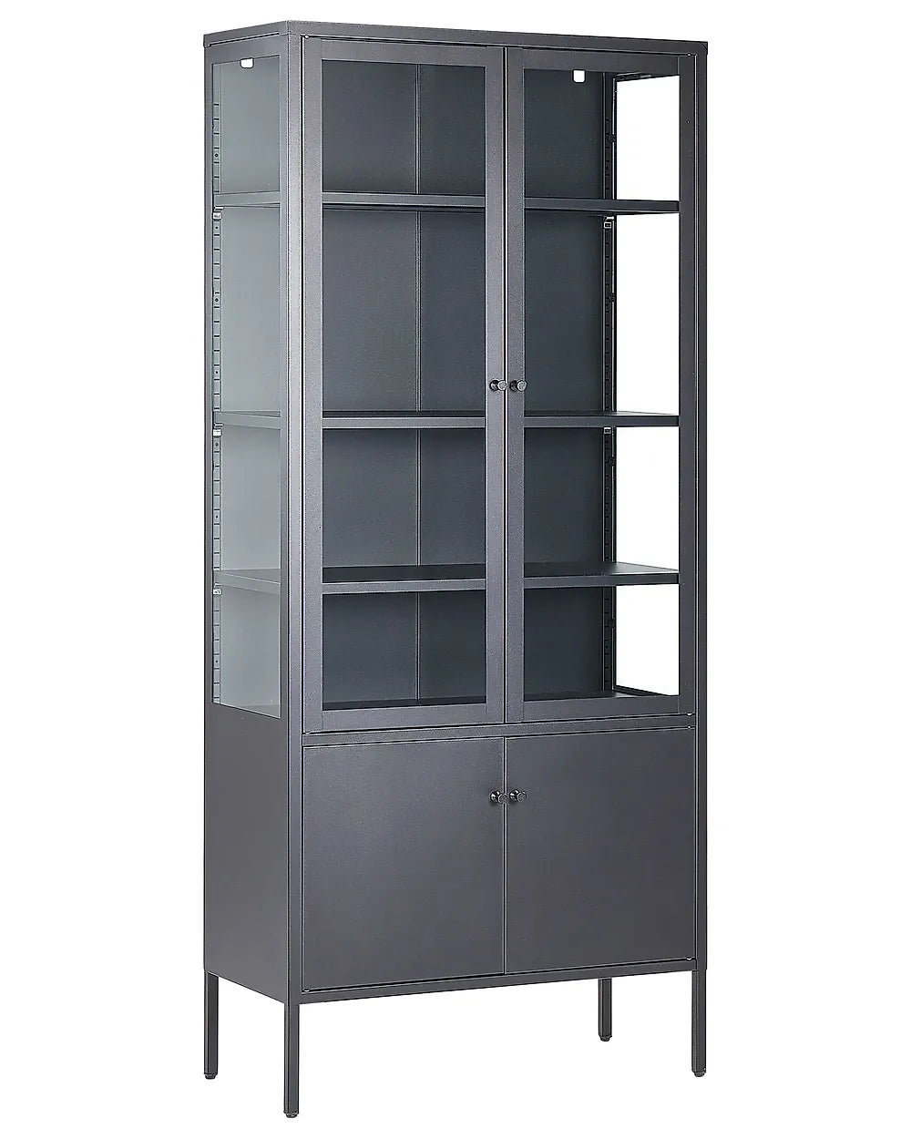 A tall gray metal display cabinet with two glass-front upper doors, four interior shelves, and two lower cabinet doors, shown on a plain white background.