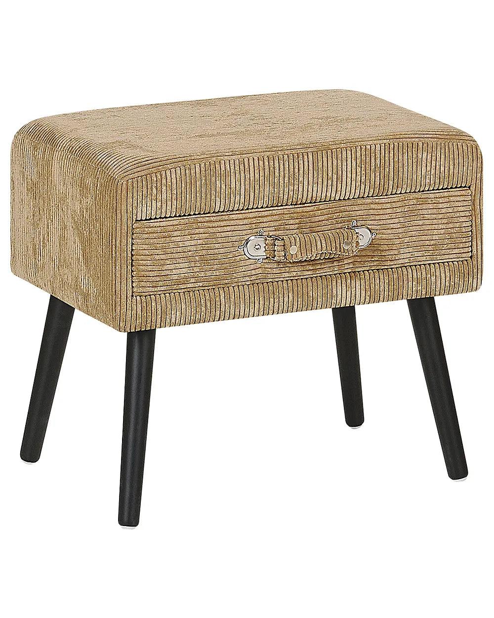 A small upholstered storage ottoman with a textured beige corduroy-like fabric top, a front drawer with silver handles, and four black legs, shown on a plain white background.