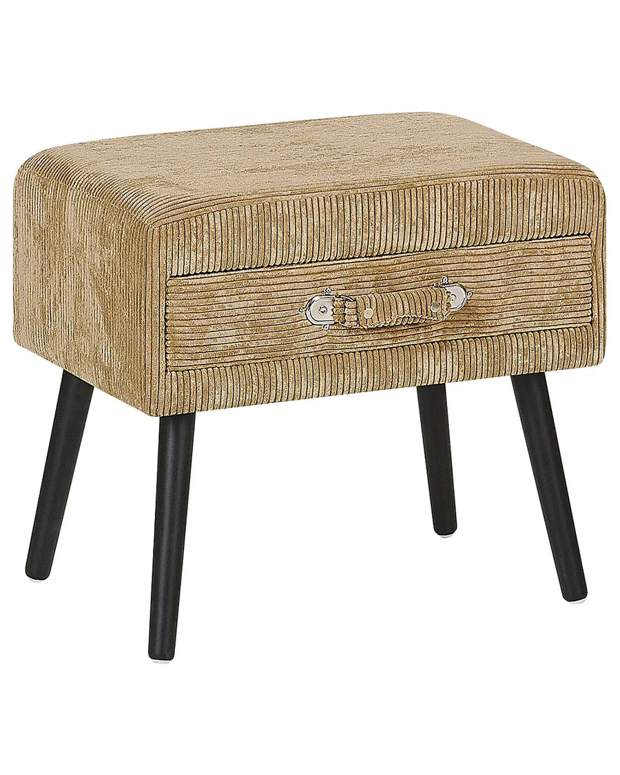 A small upholstered storage ottoman with a textured beige corduroy-like fabric top, a front drawer with silver handles, and four black legs, shown on a plain white background.