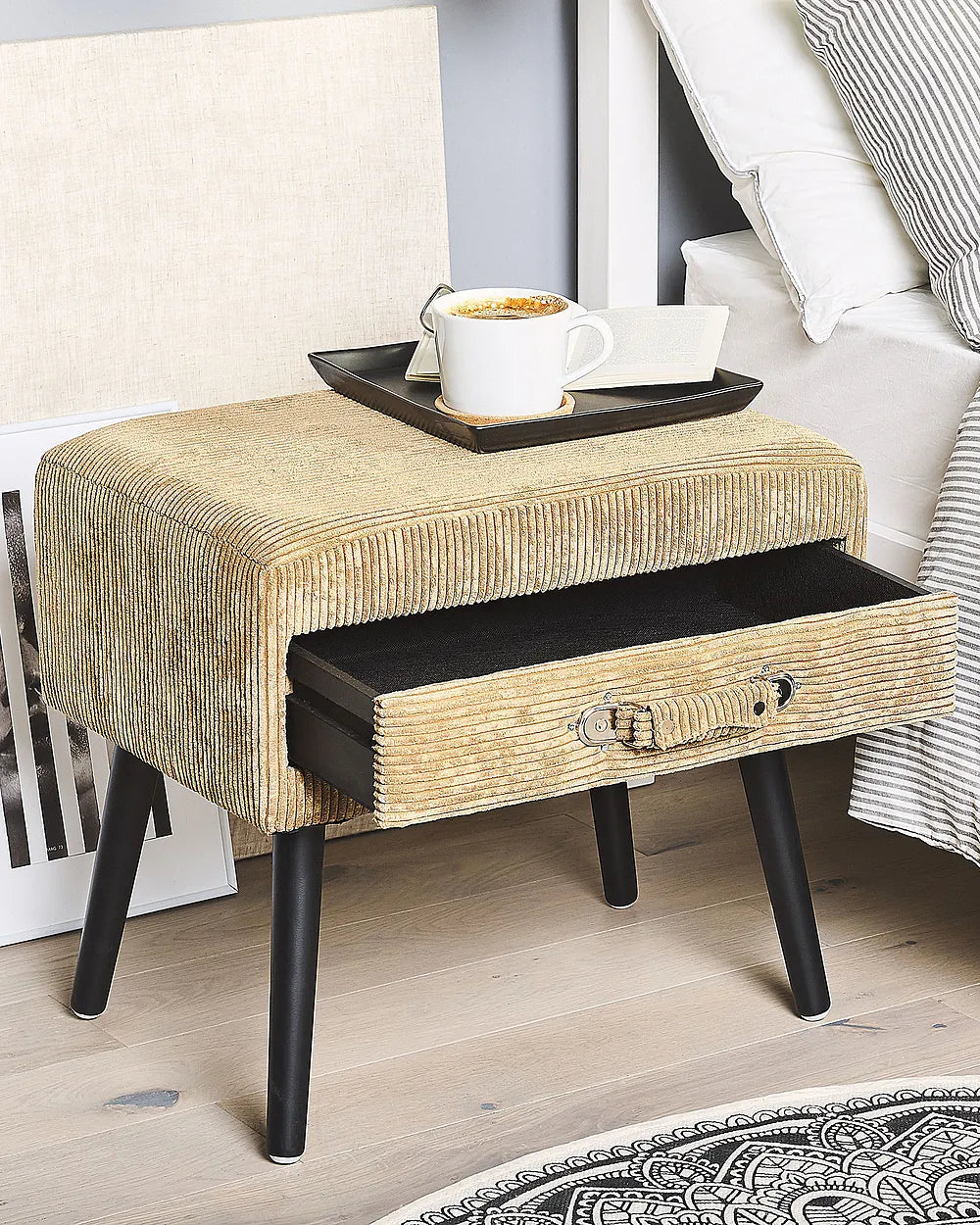 1 Drawer Bedside Table Corduroy Dark Beige Balom