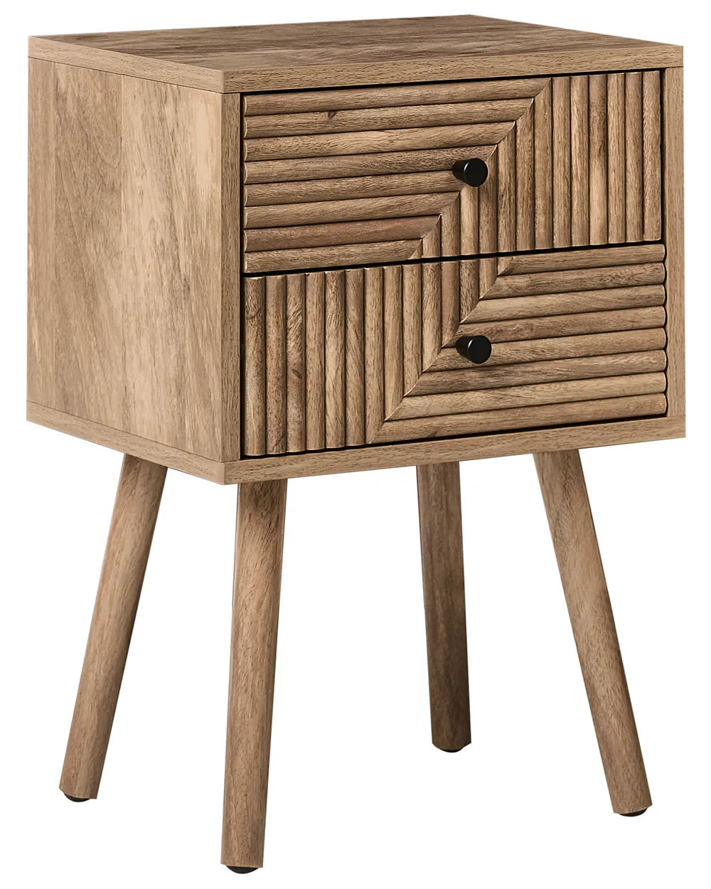 Wooden side table with two drawers on a white background