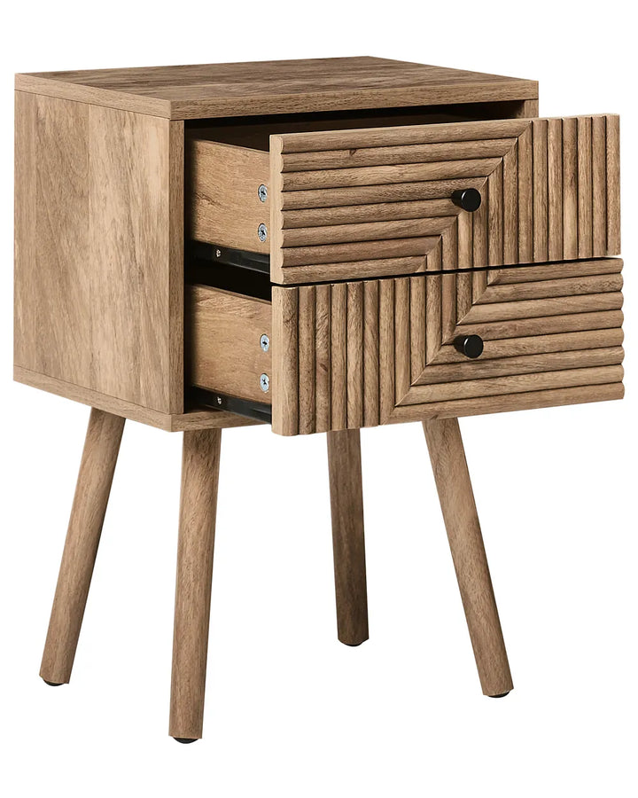 Wooden side table with two drawers on a white background