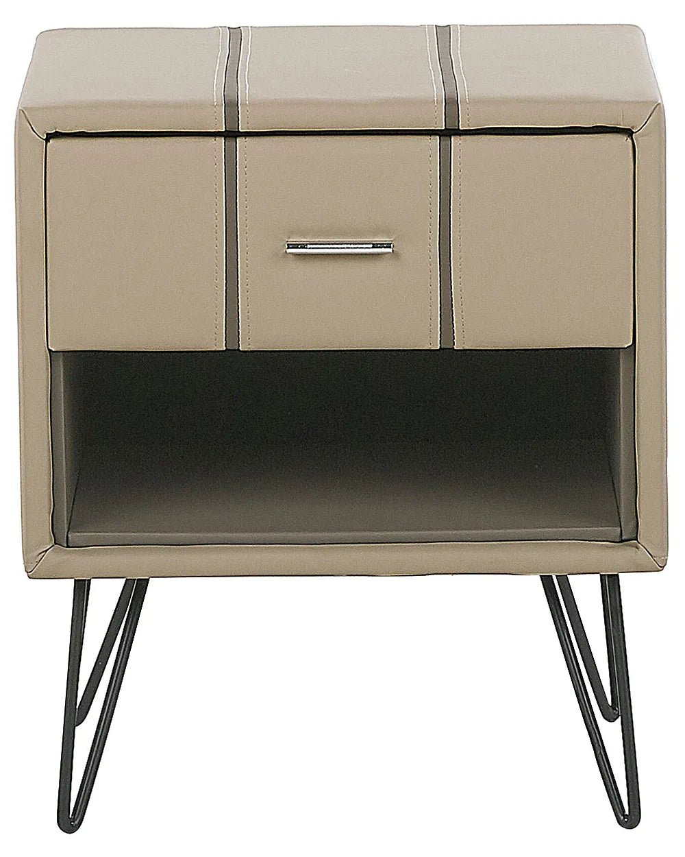 A modern two-drawer nightstand with a beige faux leather finish, featuring vertical stitched details, a silver metal pull handle, and black hairpin legs.