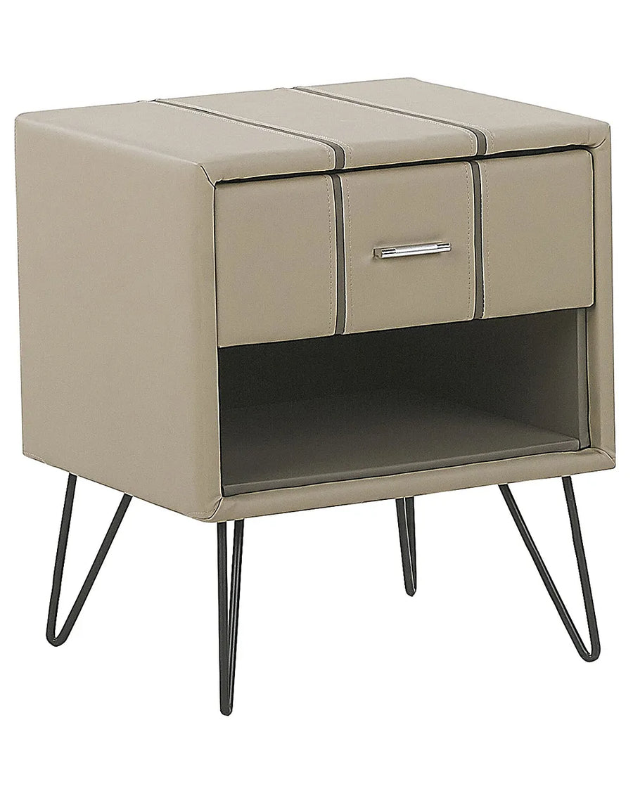 Beige nightstand with a single drawer and metal legs on a white background