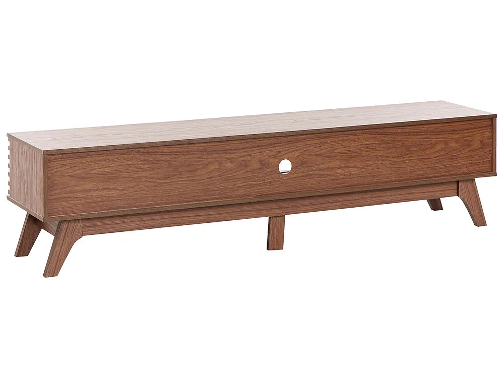 A mid-century modern wooden TV stand or console table with a single drawer, shown on a plain white background.