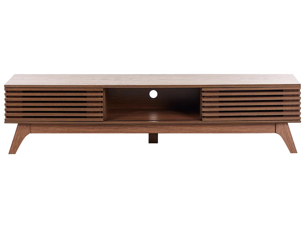 Wooden TV stand with slatted design on a white background