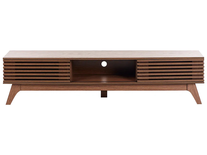 Wooden TV stand with slatted design on a white background