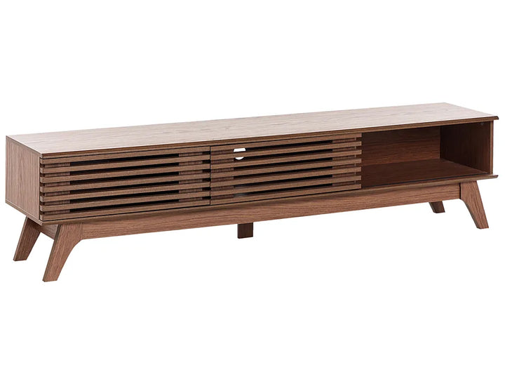 A mid-century modern wooden TV stand or console table with a single drawer.