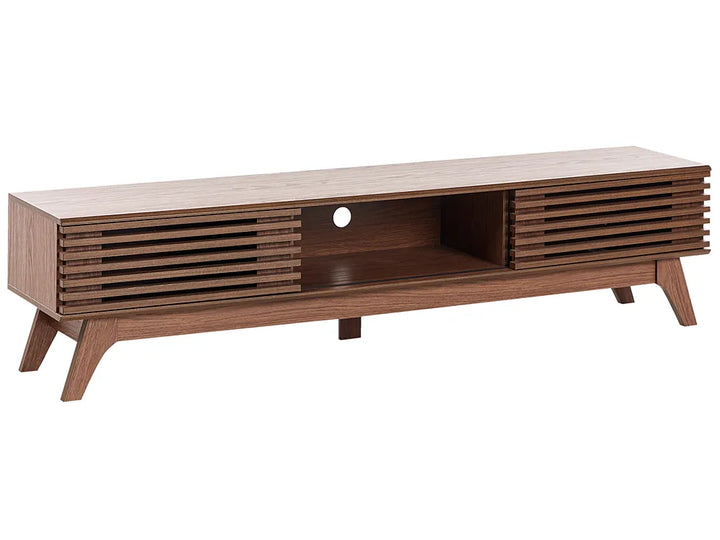 Wooden TV stand with slatted design on a white background