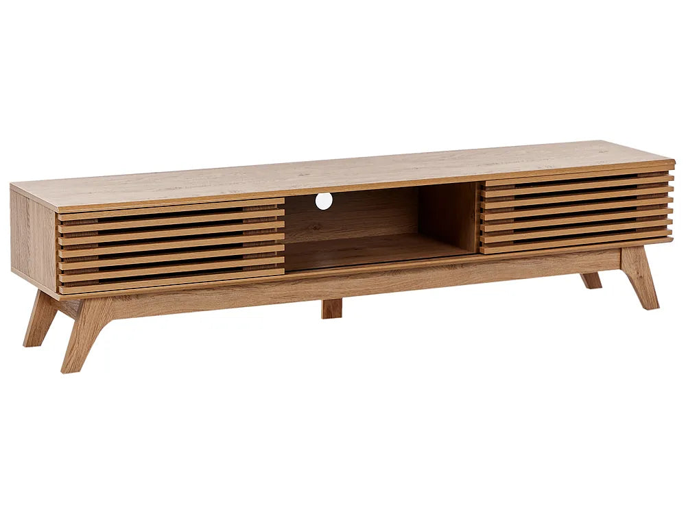 Wooden TV stand with slatted design on a white background