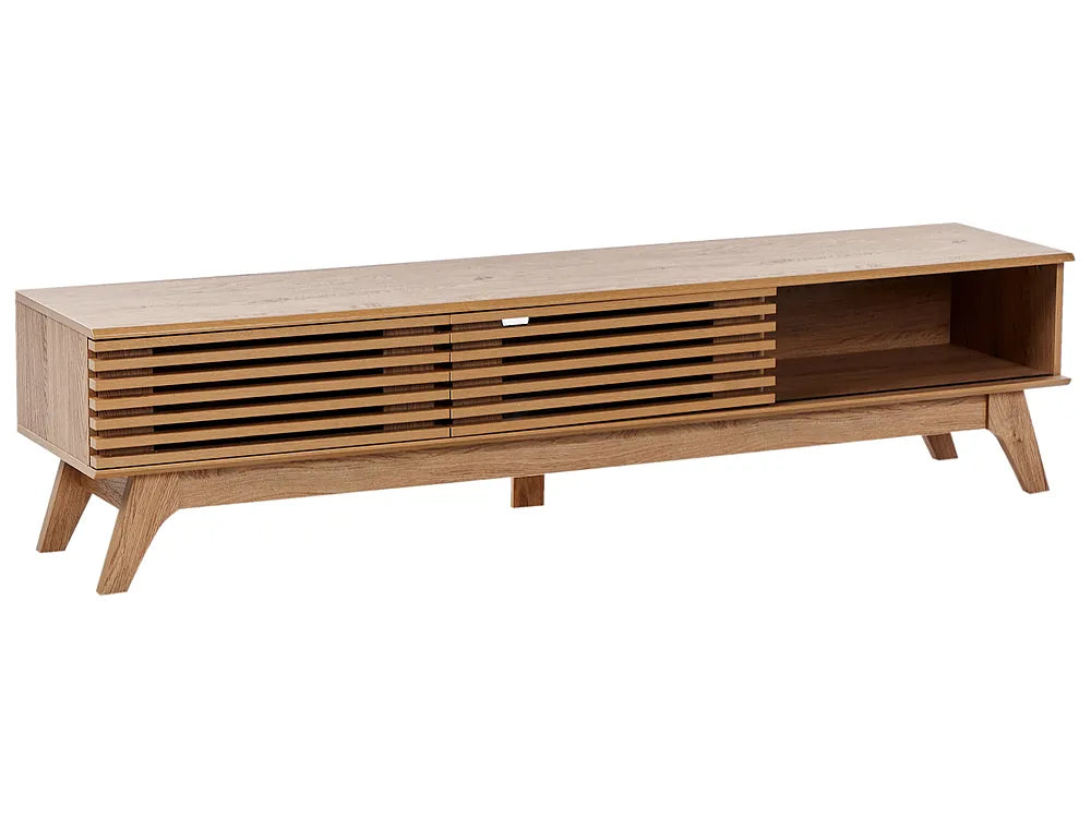 A mid-century modern wooden TV stand with a natural oak finish, featuring a slatted front design and open shelving on the right side, set against a plain white background.