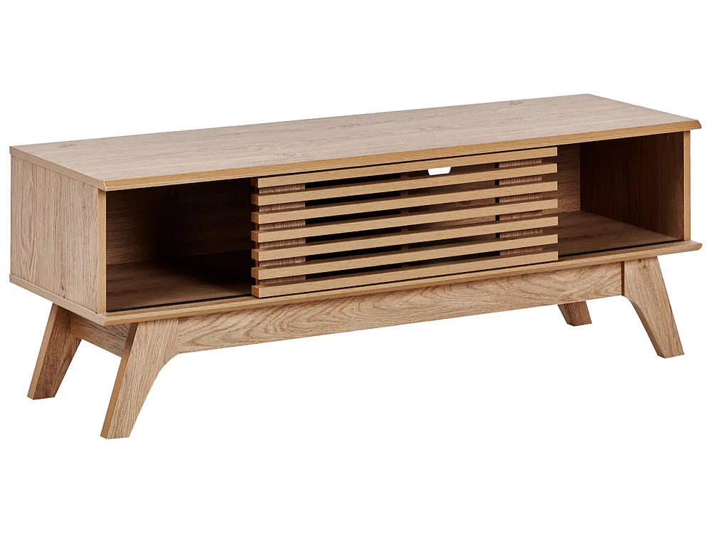 Wooden TV stand with slatted design on a white background