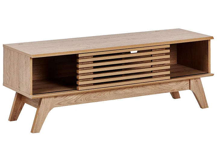 Wooden TV stand with slatted design on a white background