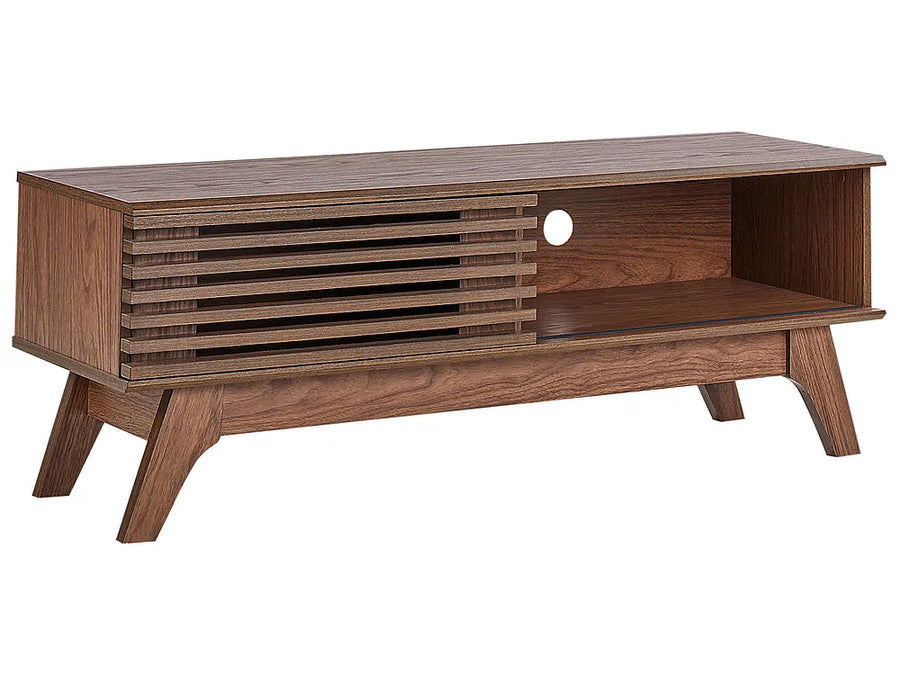 Mid-century modern wooden TV stand with a walnut finish, featuring a slatted side panel, open shelving, and angled legs, shown on a solid white background.