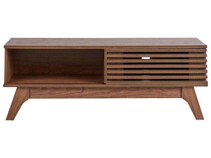 A mid-century modern wooden console table with a dark walnut finish, featuring an open side cabinet, a slatted drawer front, and angled legs, shown against a plain white background.