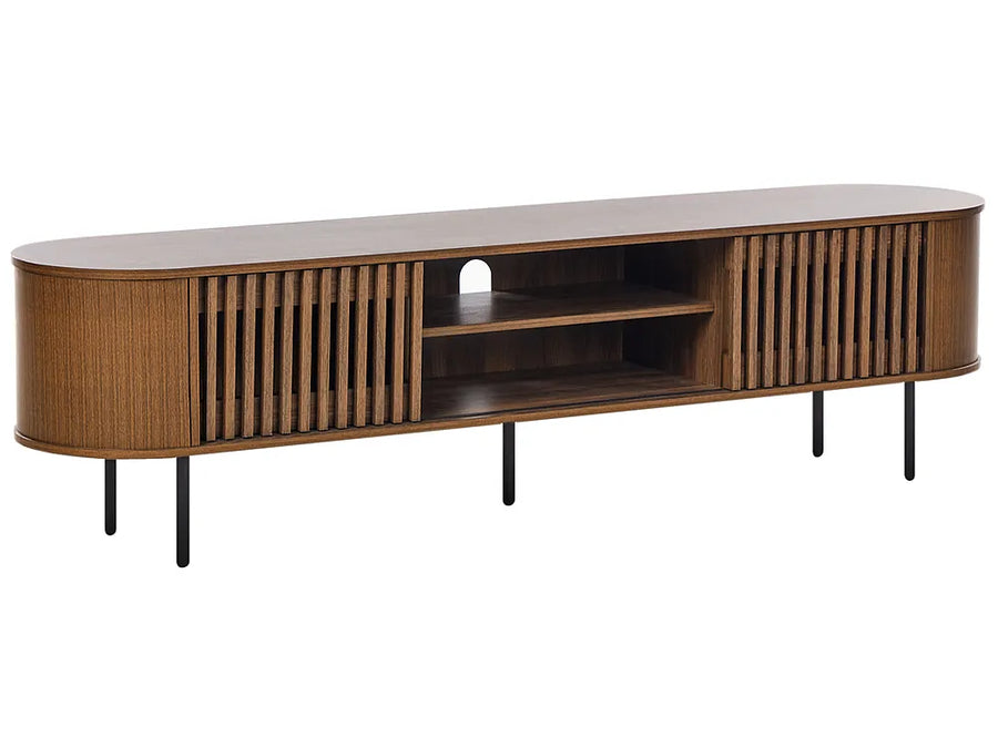 Wooden TV stand with a white background