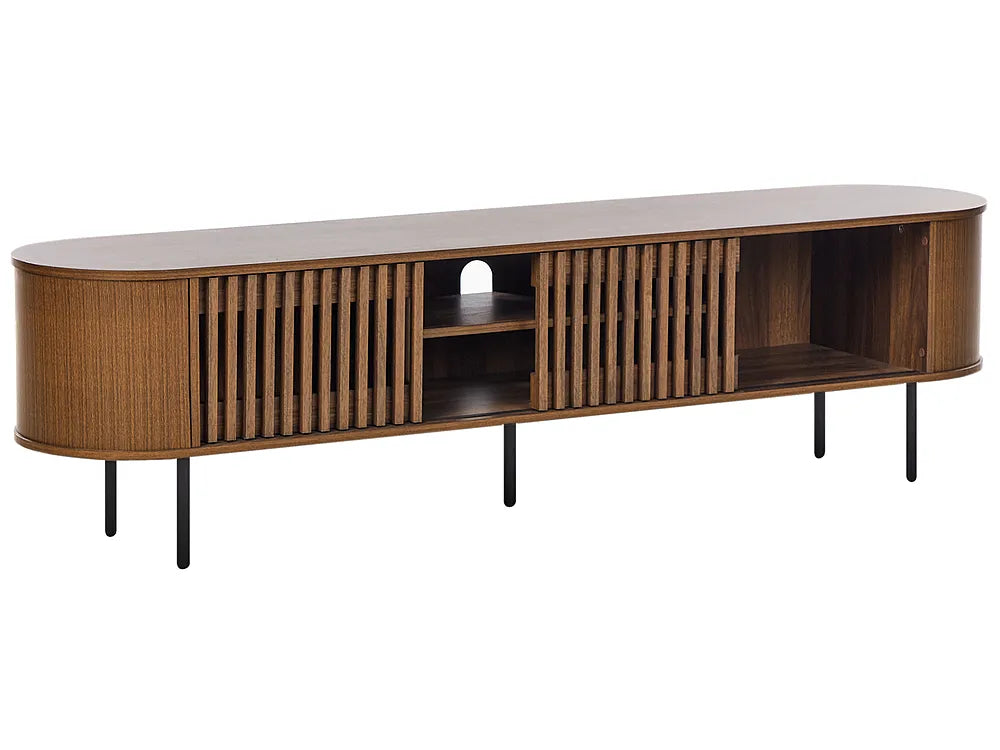 A mid-century modern curved wooden TV stand with vertical slatted doors, open shelving, and slim black metal legs, shown against a plain white background.