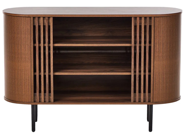 A mid-century modern wooden sideboard with a rounded rectangular shape, featuring vertical slatted doors, three open shelves, and tapered black metal legs, shown against a plain white background.
