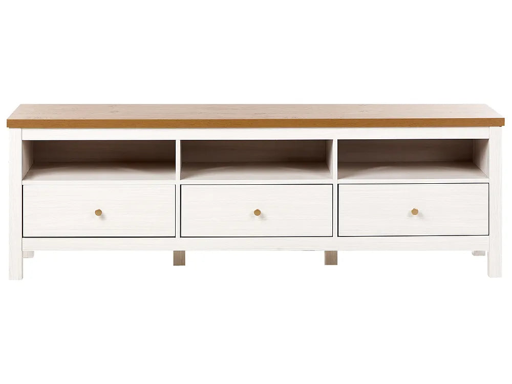 A white wooden storage cabinet with a natural oak top and three drawers with small round brass knobs, shown against a plain white background.