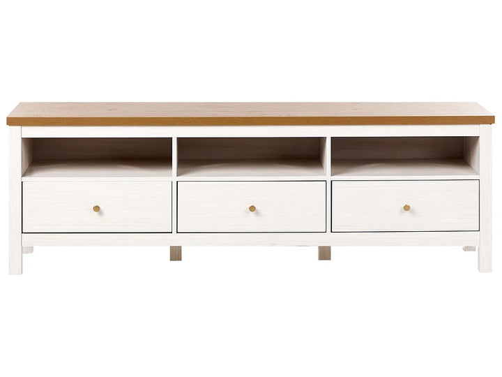 A white wooden storage cabinet with a natural oak top and three drawers with small round brass knobs, shown against a plain white background.