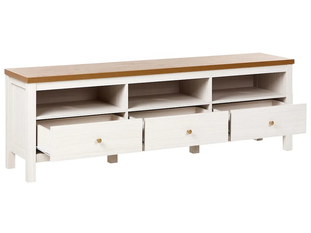A modern white TV stand or media console with a natural wood top, featuring three open shelves above three drawers with small round gold knobs, shown on a plain white background.