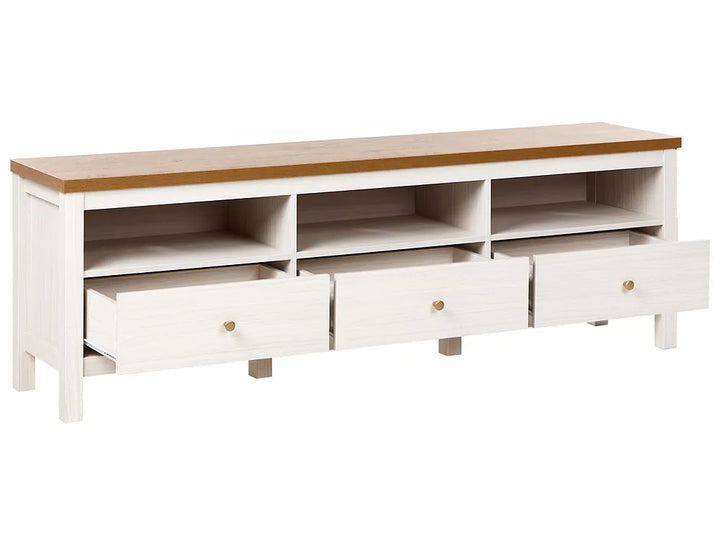 A modern white TV stand or media console with a natural wood top, featuring three open shelves above three drawers with small round gold knobs, shown on a plain white background.