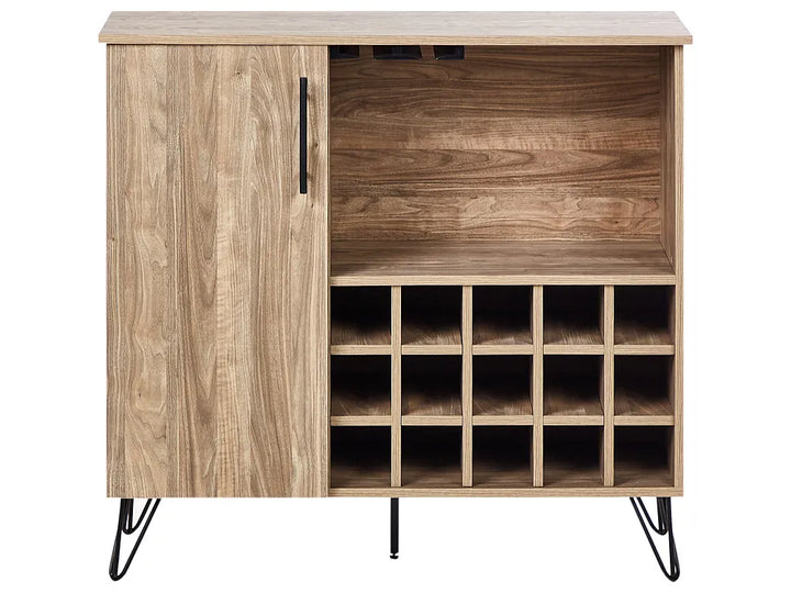 A modern wooden bar cart with a single cabinet door on the left, an open shelving section in the middle, and a wine rack with multiple cubbies on the right. It features a light oak wood grain finish and black hairpin legs.