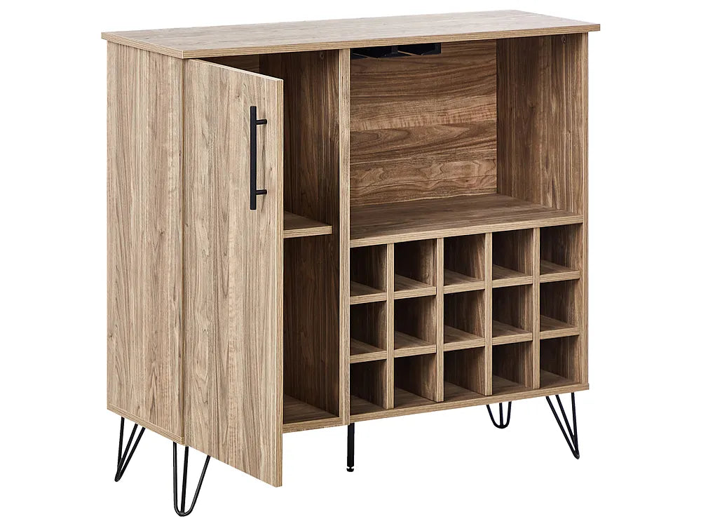 A modern bar cart with a light oak wood grain finish, featuring a single open door with a black handle, open shelving, a wine bottle storage grid, and hairpin style legs.