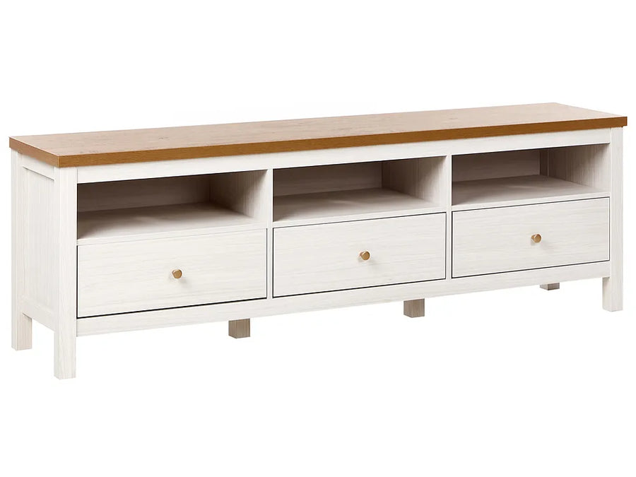 A modern TV stand or console table with a white painted frame, three open storage shelves, three drawers with small round gold knobs, and a natural wood top, shown on a plain white background.