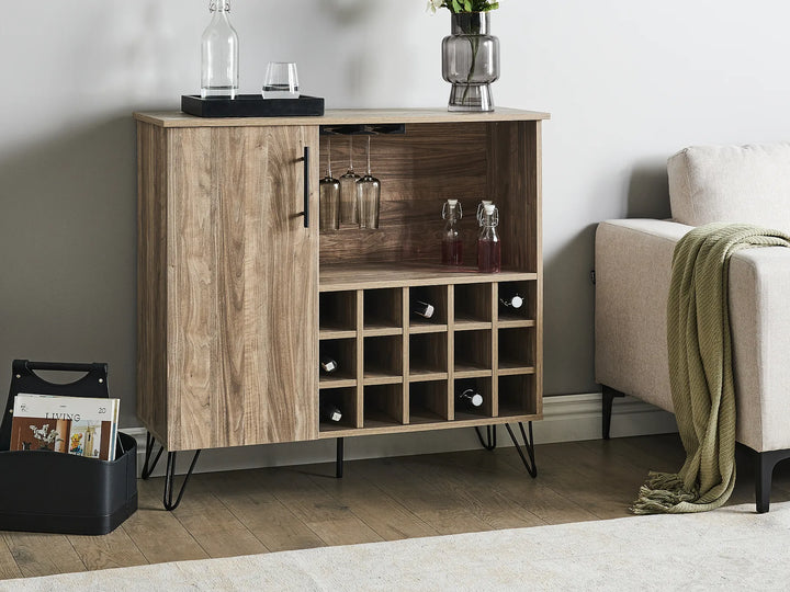 Wooden bar cabinet with wine storage in a living room setting
