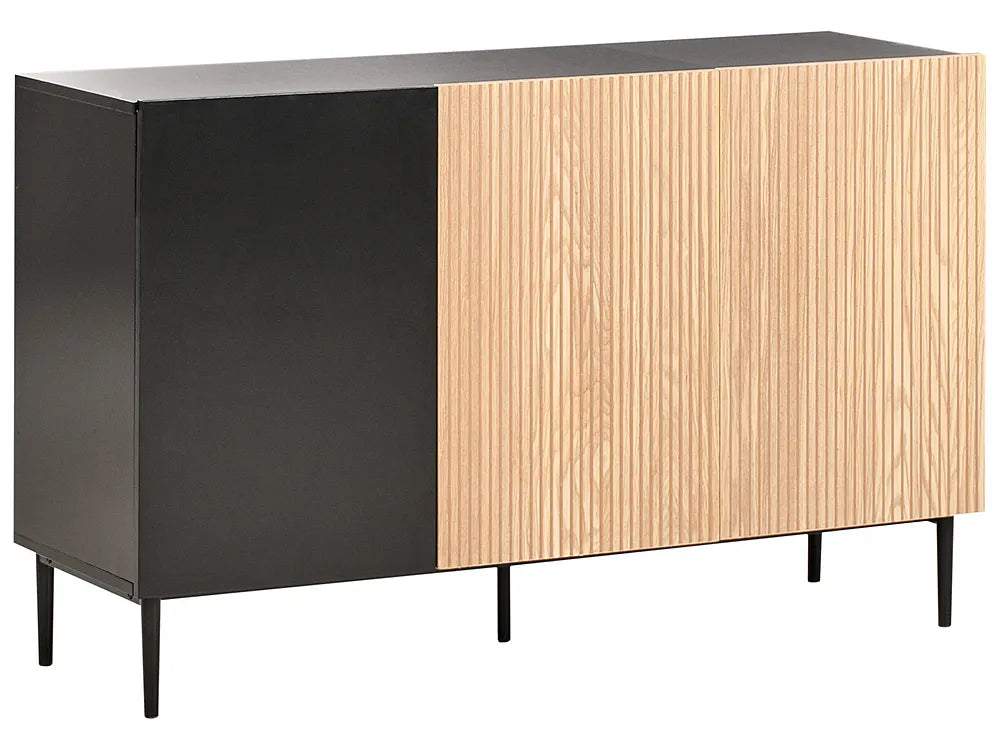 Two-toned cabinet with black and wooden finish on a white background