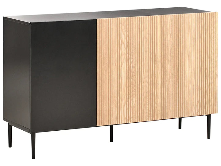 Two-toned cabinet with black and wooden finish on a white background