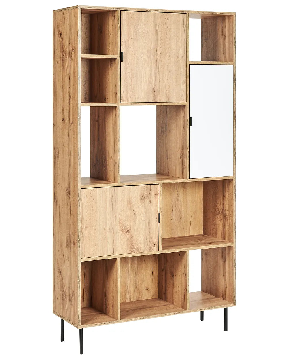A tall, modern wooden storage cabinet with an open geometric design, featuring natural oak wood grain, two sliding doors, open shelves, and a white panel door, supported by slim black metal legs.
