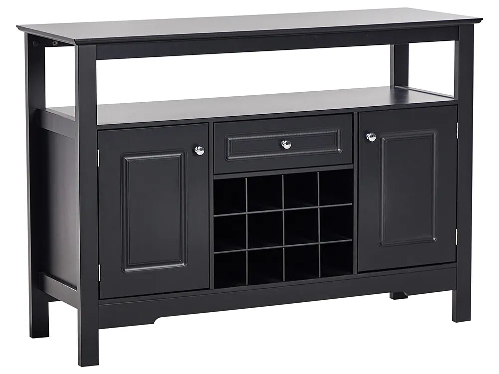 Black entertainment console with storage compartments on a white background