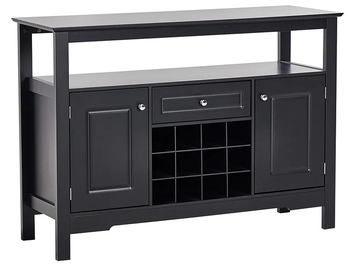 Black entertainment console with storage compartments on a white background