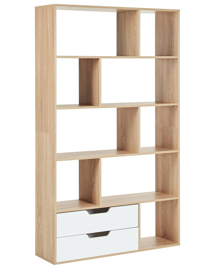 A tall, modern open bookcase with a light natural wood finish and two white drawers at the bottom, shown on a plain white background.