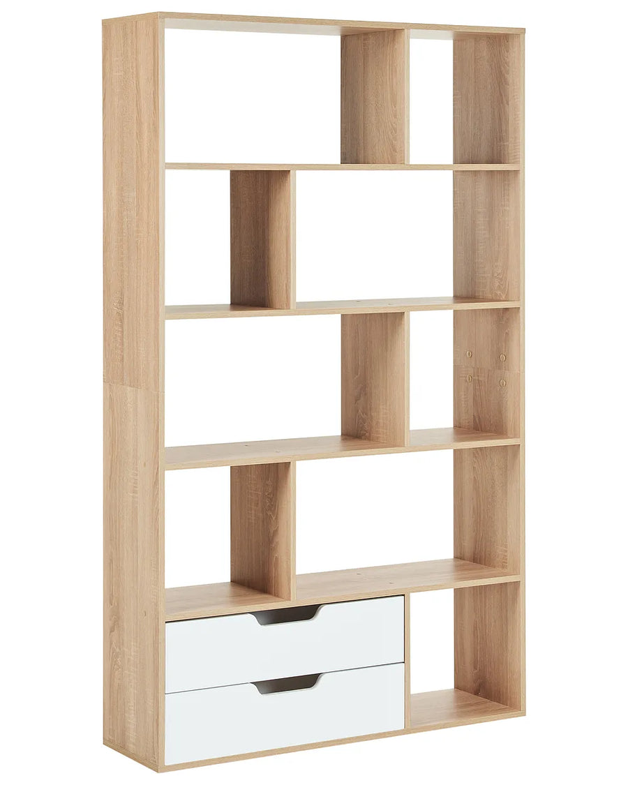 A tall, modern open bookcase with a light natural wood finish and two white drawers at the bottom, shown on a plain white background.