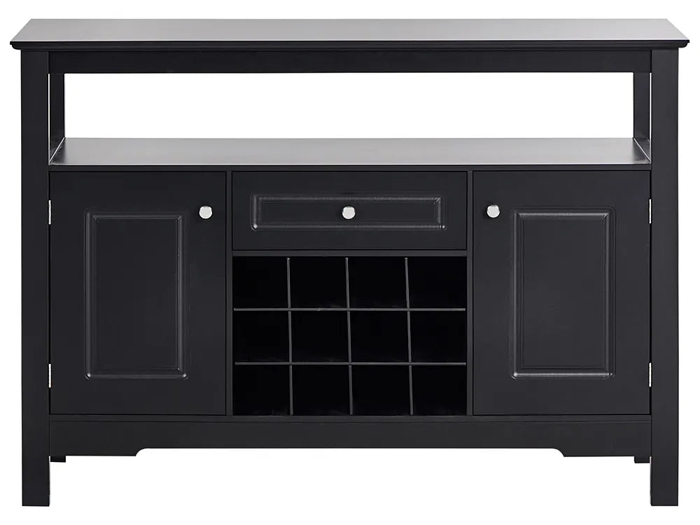 A black wooden sideboard or media console with two cabinet doors, a central drawer, a wine bottle storage grid, and an open shelf above, shown against a plain white background.