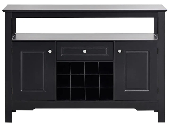 A black wooden sideboard or media console with two cabinet doors, a central drawer, a wine bottle storage grid, and an open shelf above, shown against a plain white background.