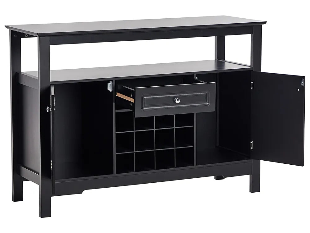 A black wooden console cabinet with an open front door, a second open door on the right, a single drawer in the center, and a wine bottle rack shelf. The top shelf is open, showing the interior structure against a plain white background.