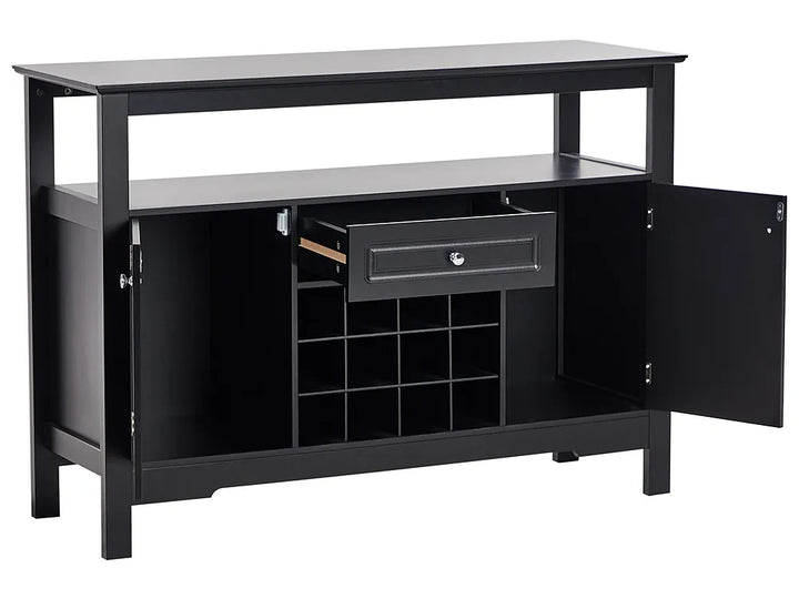 A black wooden console cabinet with an open front door, a second open door on the right, a single drawer in the center, and a wine bottle rack shelf. The top shelf is open, showing the interior structure against a plain white background.