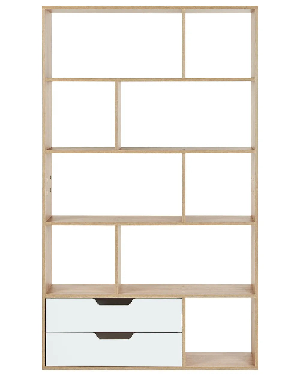 A tall, modern open bookcase with a light natural wood frame, featuring multiple rectangular shelves and two white drawers at the bottom with dark handles, shown against a plain white background.