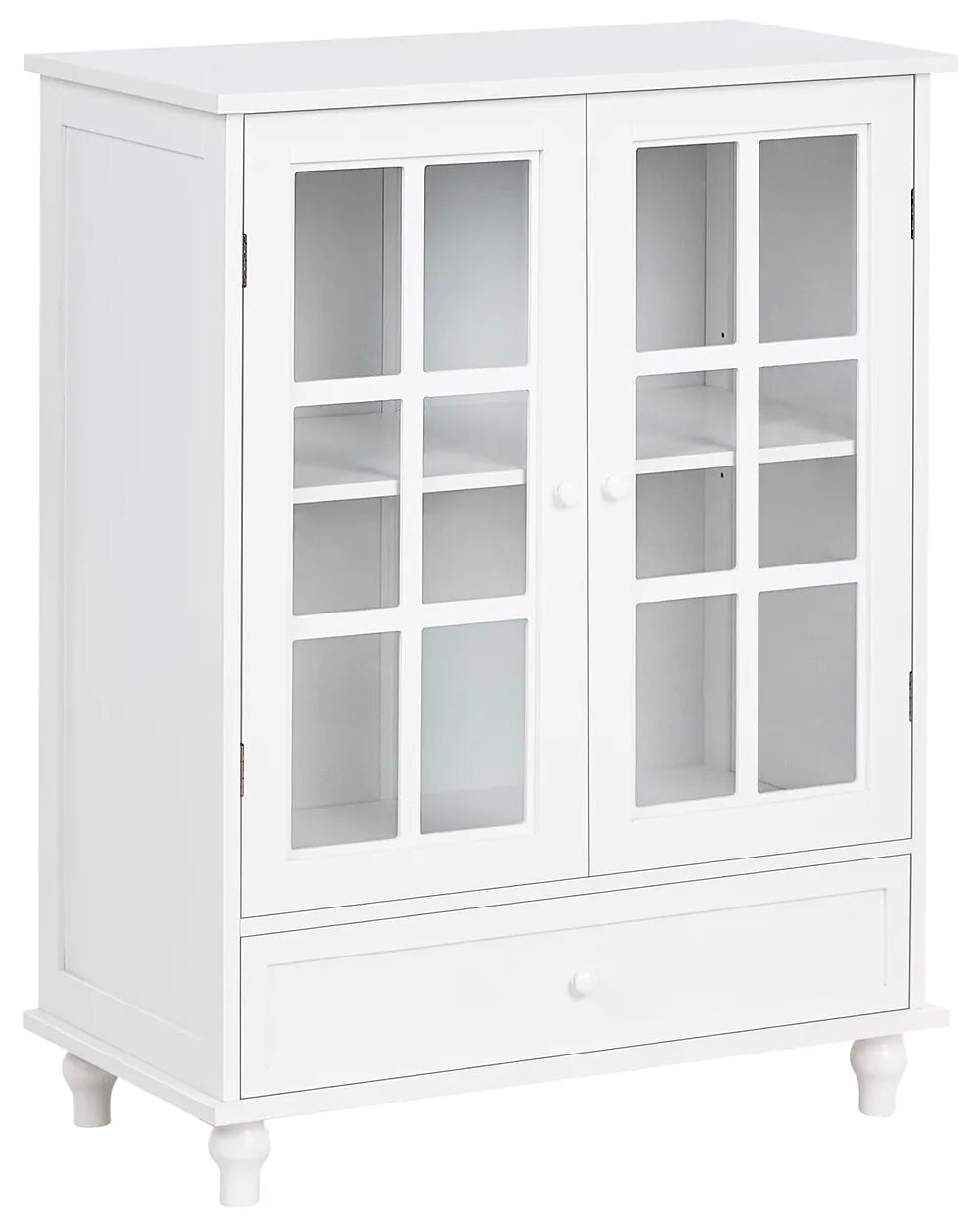 A white wooden cabinet with two glass-paneled doors and a single drawer at the bottom, shown on a plain white background.