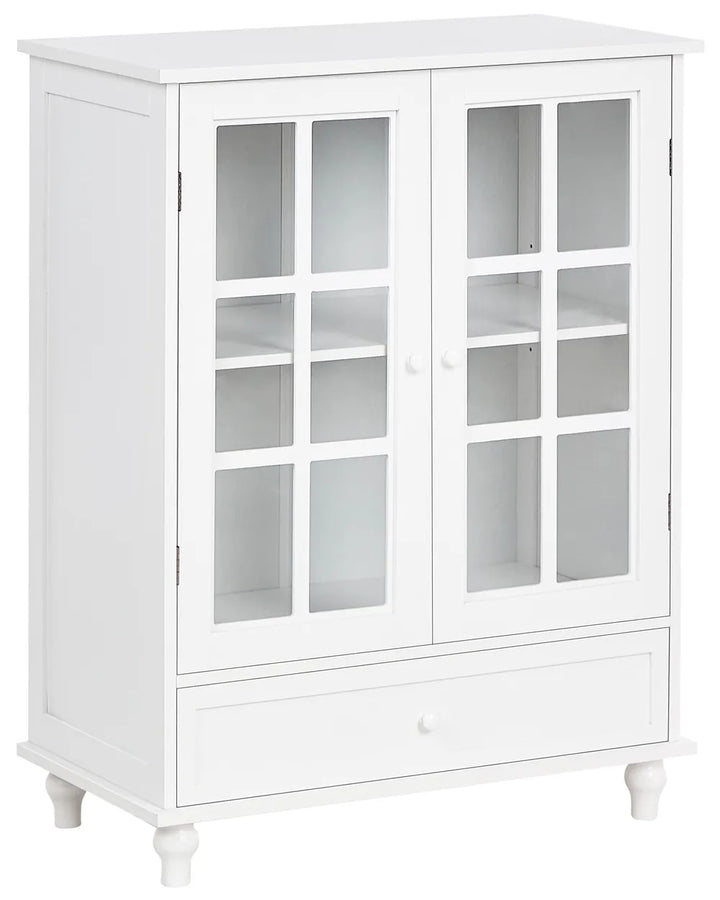 A white wooden cabinet with two glass-paneled doors and a single drawer at the bottom, shown on a plain white background.