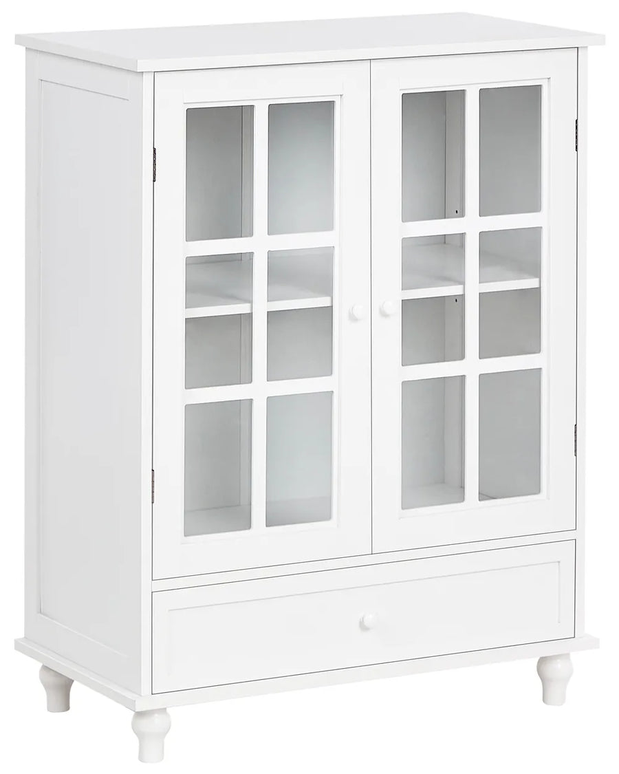 A white wooden cabinet with two glass-paneled doors and a single drawer at the bottom, shown on a plain white background.