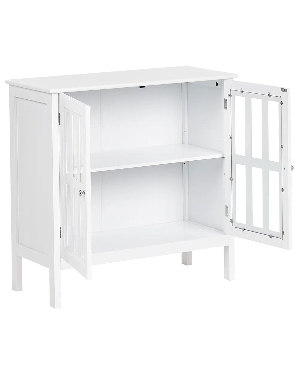 A white wooden storage cabinet with two doors, one open to show the interior shelving, and one fitted with a white security screen door, set against a plain white background.