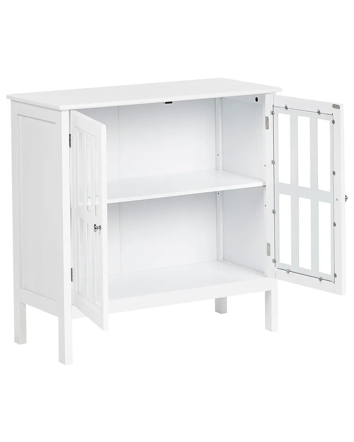 A white wooden storage cabinet with two doors, one open to show the interior shelving, and one fitted with a white security screen door, set against a plain white background.