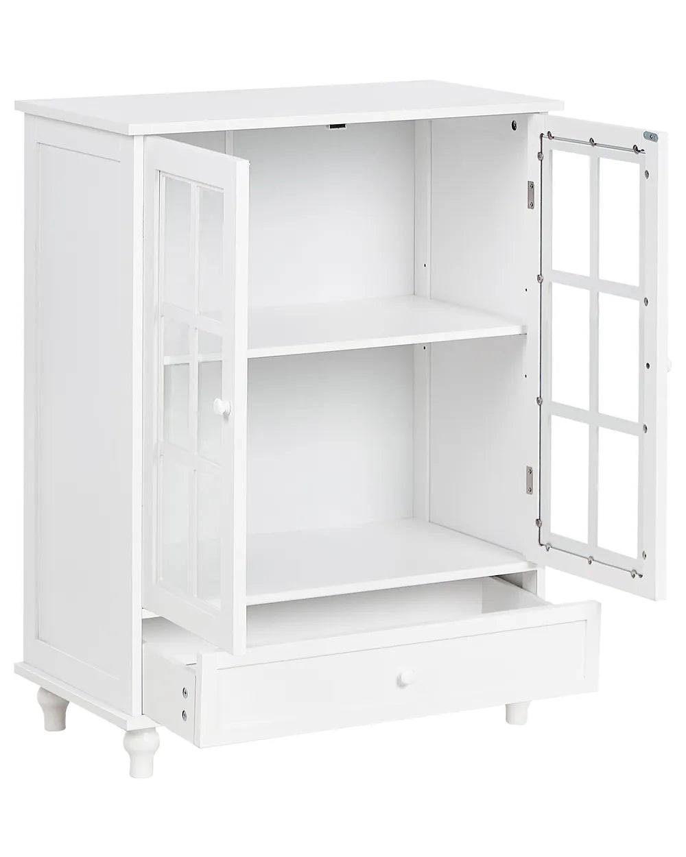 A white wooden storage cabinet with two glass-paneled doors shown open, revealing two interior shelves and a lower drawer, photographed on a plain white background.