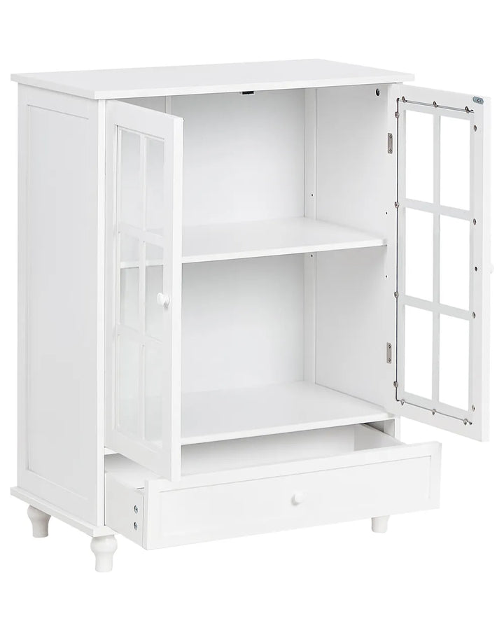 A white wooden storage cabinet with two glass-paneled doors shown open, revealing two interior shelves and a lower drawer, photographed on a plain white background.